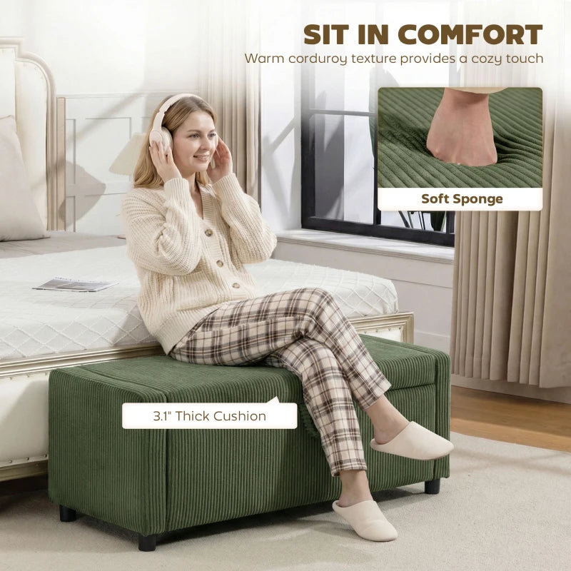Storage Ottoman, Upholstered Corduroy End of Bed Bench with Thick Padding, Storage Bench for Bedroom, Dark Green
