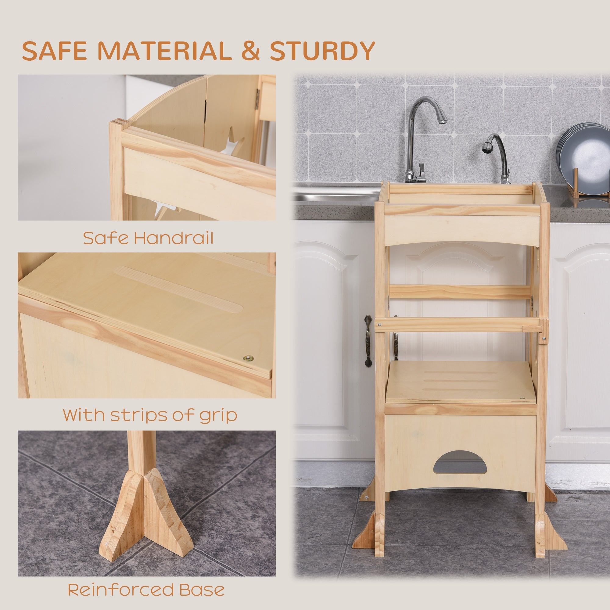 Qaba Step Stool with Support Handles Safety Rail Non-Slip Hardwood Stepping Stool for Kids Toddlers Counter Step Natural