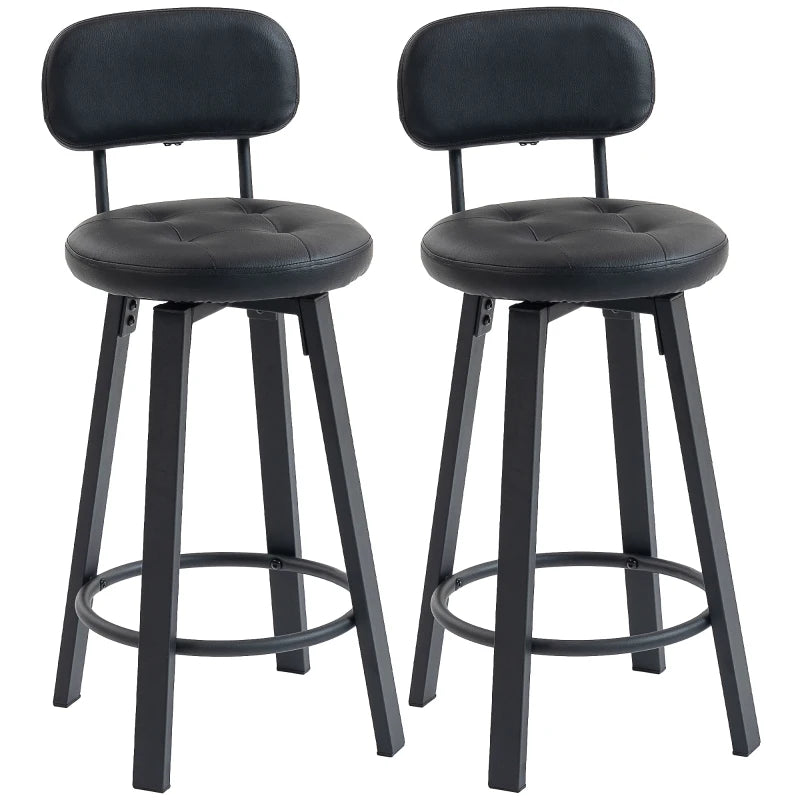 Bar Stools Set of 2, Upholstered Breakfast Bar Chairs with Footrest and Backrest for Kitchen Counter, Black