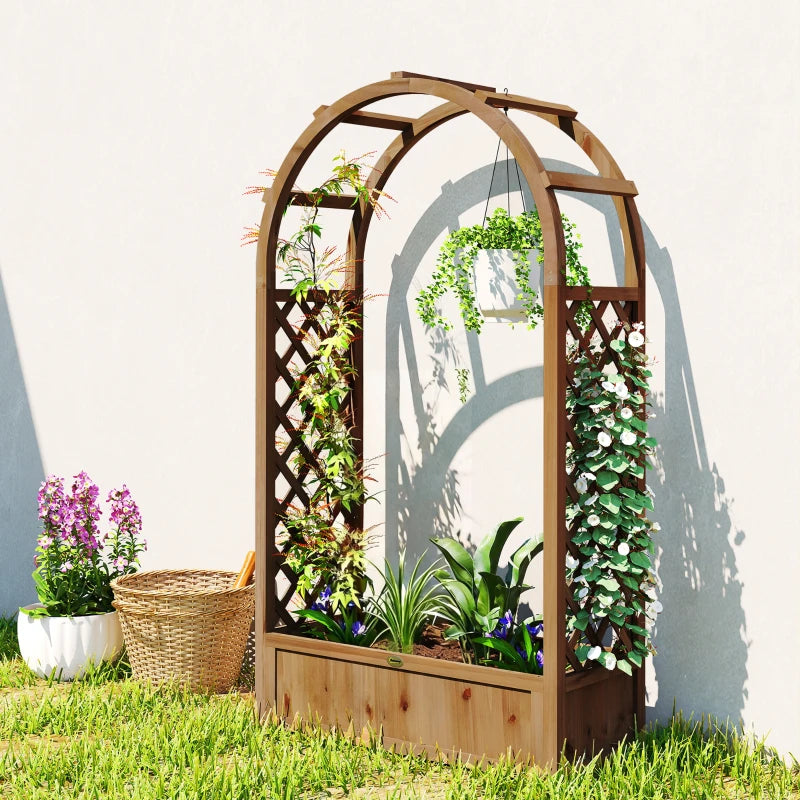 Raised Garden Bed with Arch Trellis, Freestanding Garden Planter Box, Outdoor Planter Container, Dark Brown Wood Effect