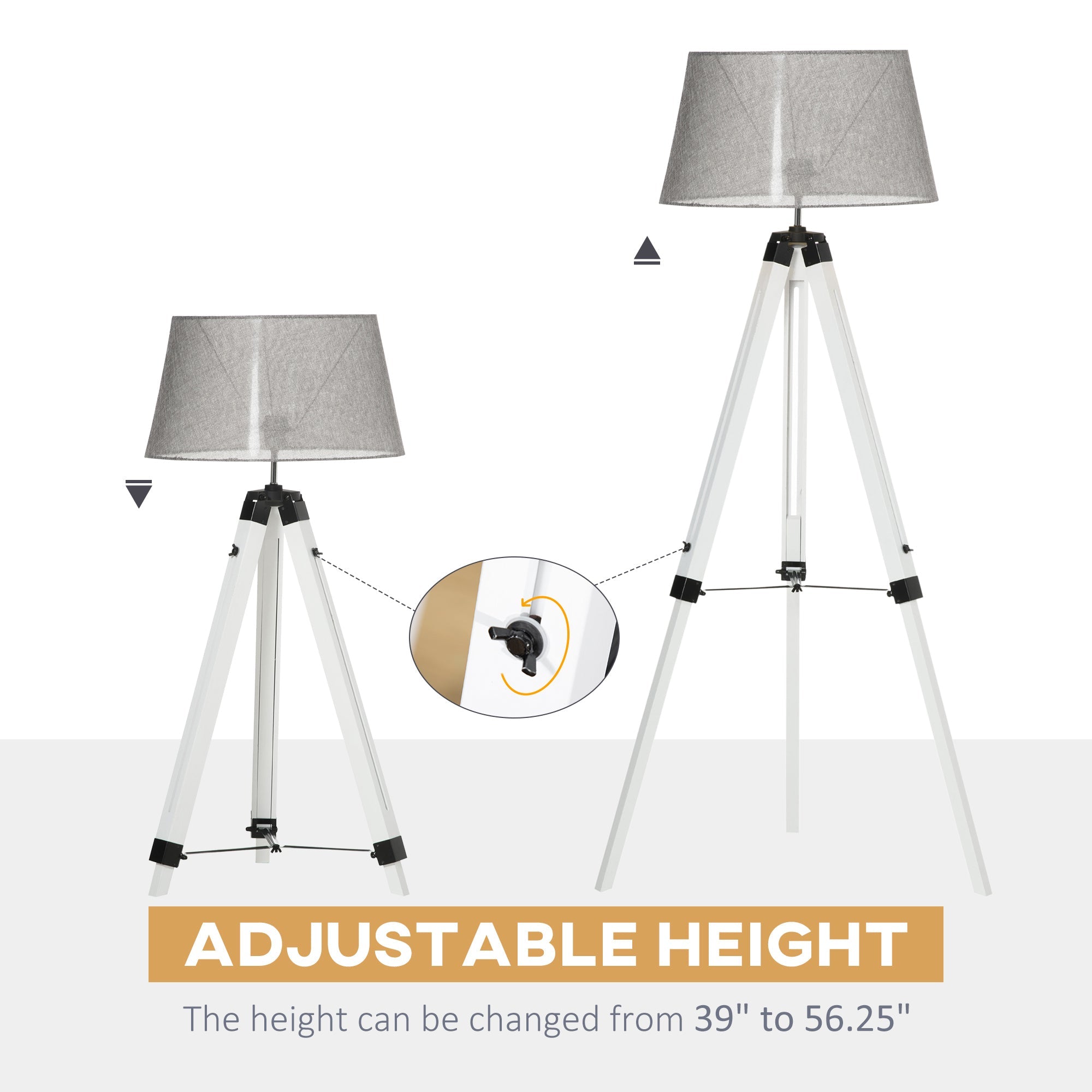 HOMCOM Illuminating Elegance: Adjustable Wooden Tripod Floor Lamp, Modern E26 Standing Light for Living Room, Bedroom, White & Grey