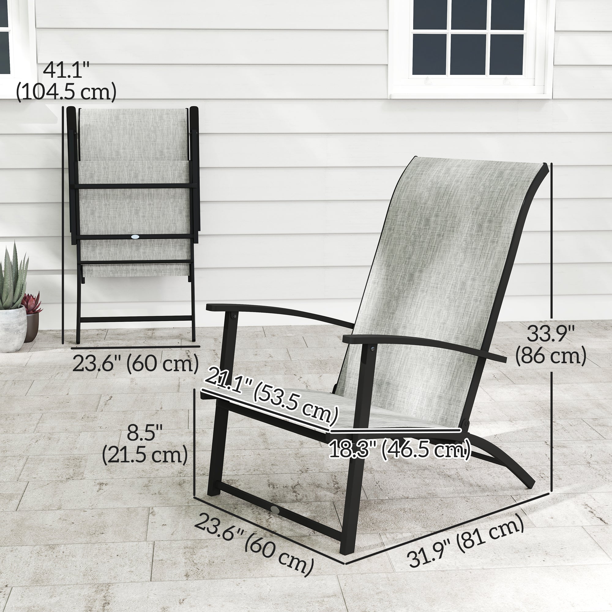 Outsunny Set of 2 Folding Lawn Chairs, Outdoor Folding Chairs with Armrests, High Backrest for Backyard Balcony, Grey