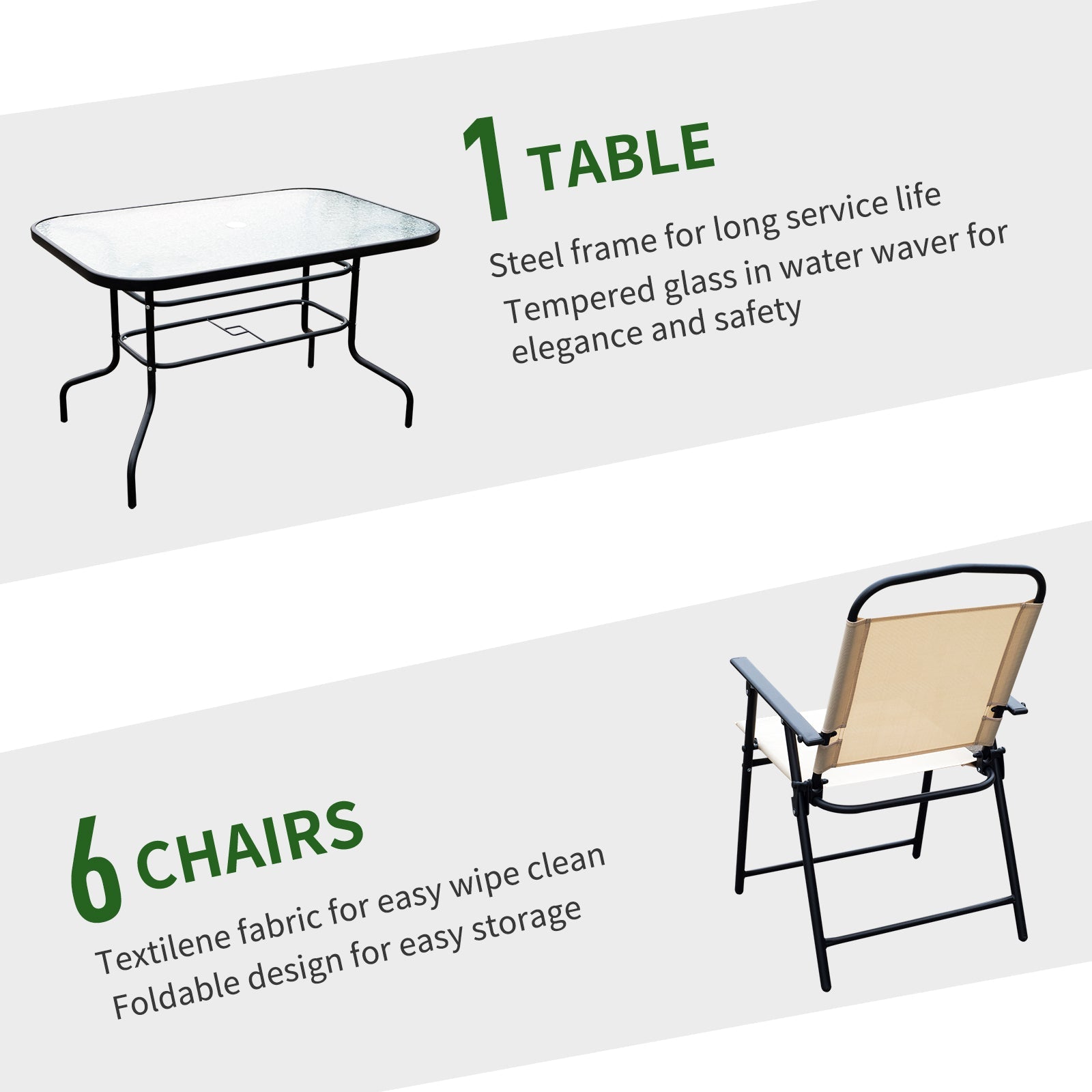 Outsunny 8pc Patio Garden Texteline Dining Set Outdoor Bistro Furniture 6 Folding Chairs with Table and Umbrella Beige