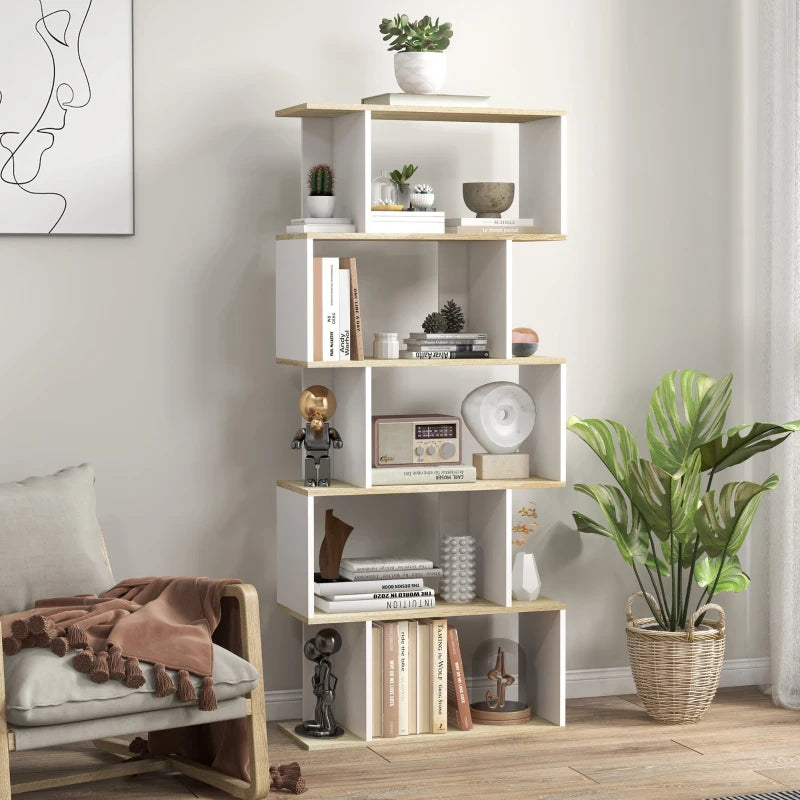 5-Tier Bookshelf, Geometric S Shaped Bookcase, Tall Narrow Display Shelf for for Living Room, Study Room, White