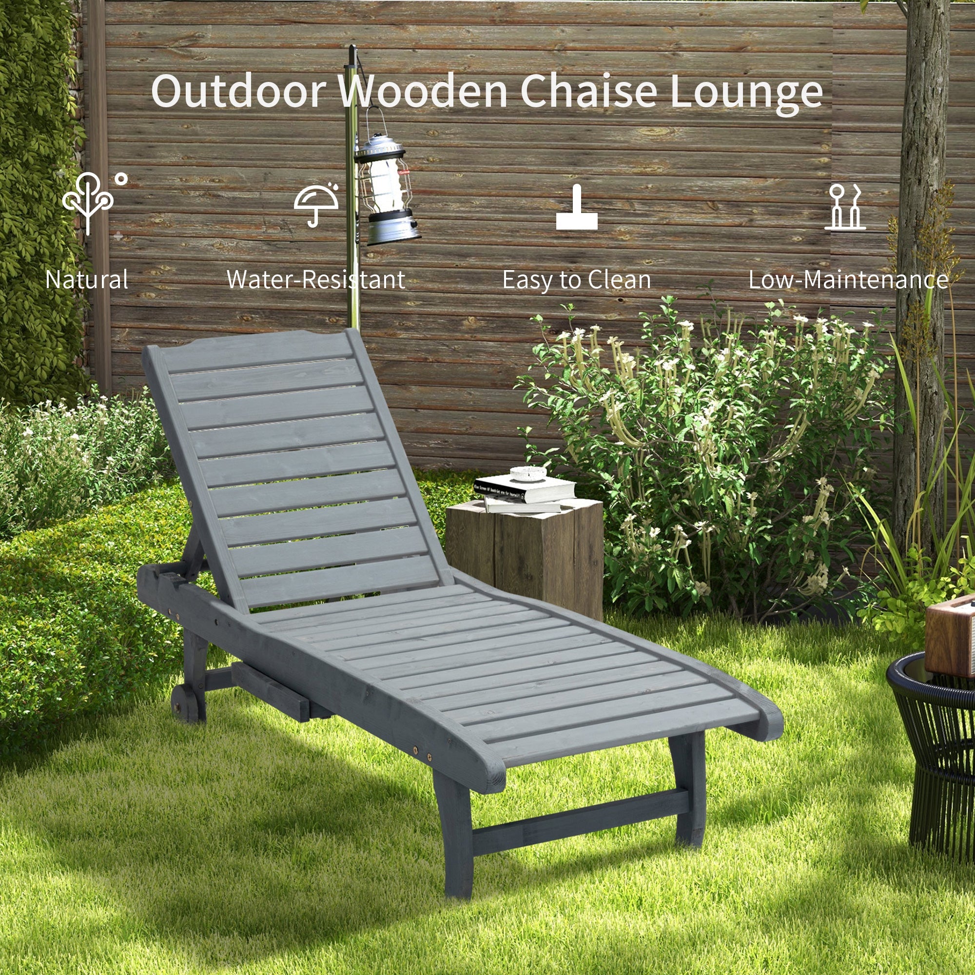 Outsunny Outdoor Patio Adjustable Chaise Lounge Chair Recliner with Pull-out Tray and 2 Wheels