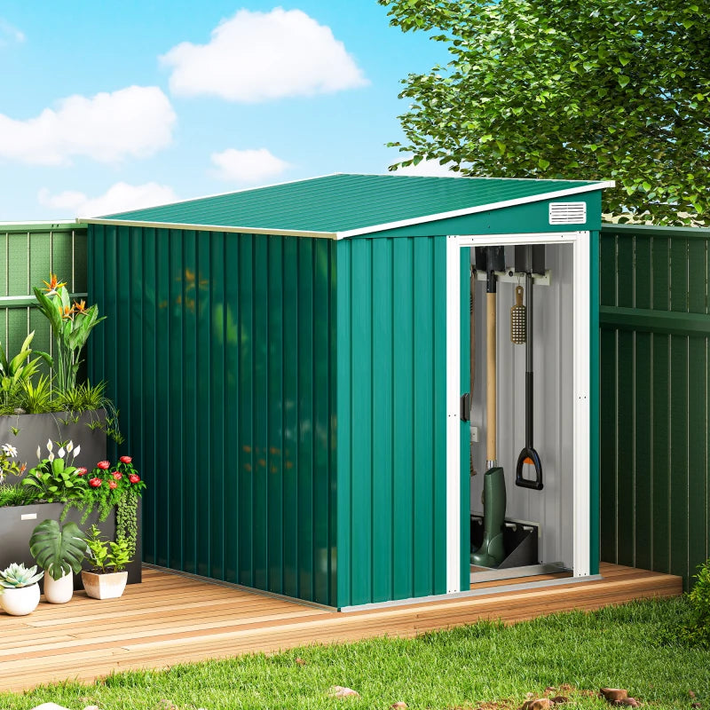 5'x7' Lean to Galvanized Metal Shed with Foundation, Garden Tool Storage House with Sliding Door and 2 Vents, Green