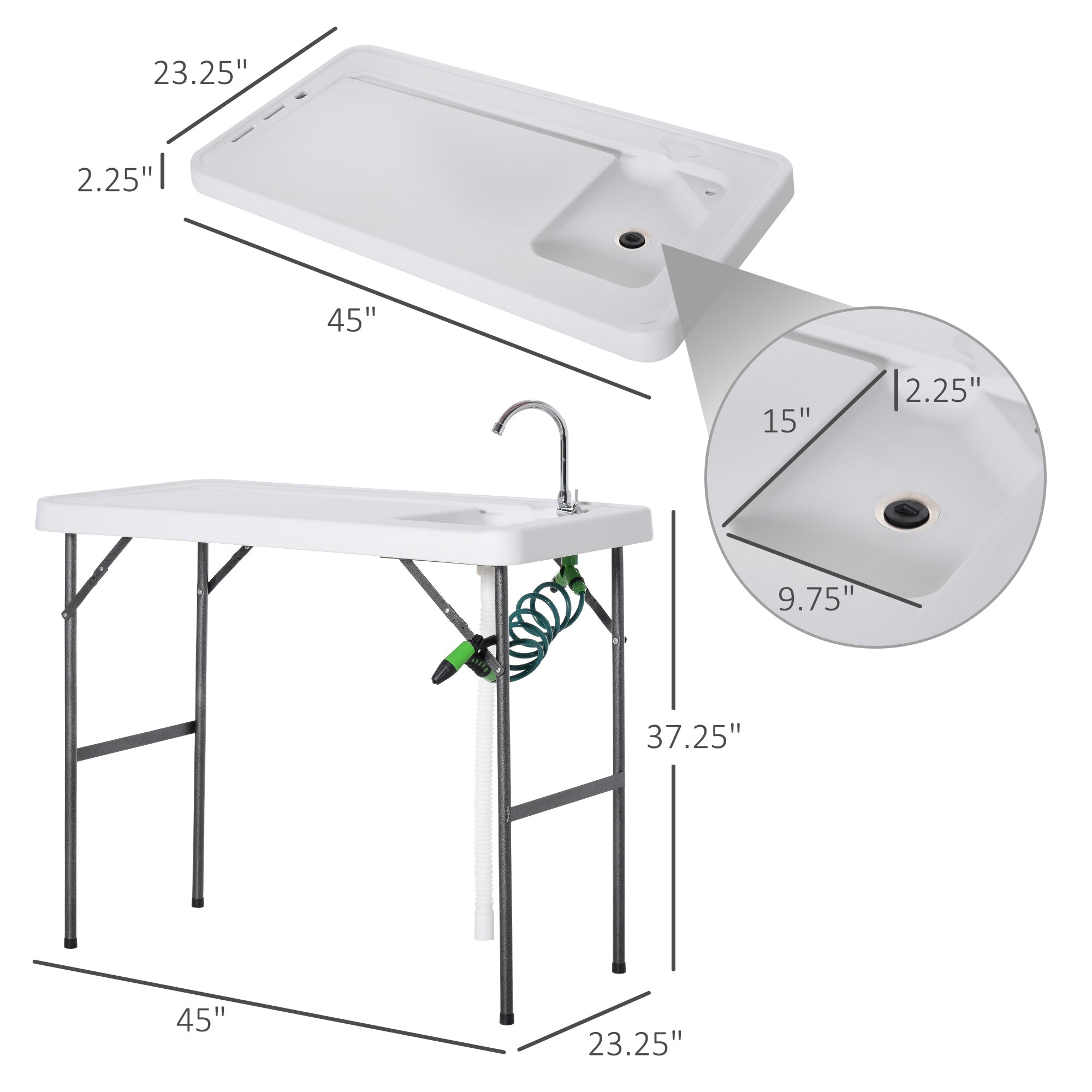 Outsunny Folding Fish Cleaning Table with Sink Faucet Spray Cleaner for BBQ Camping Picnic Garden 45"x23"x37"