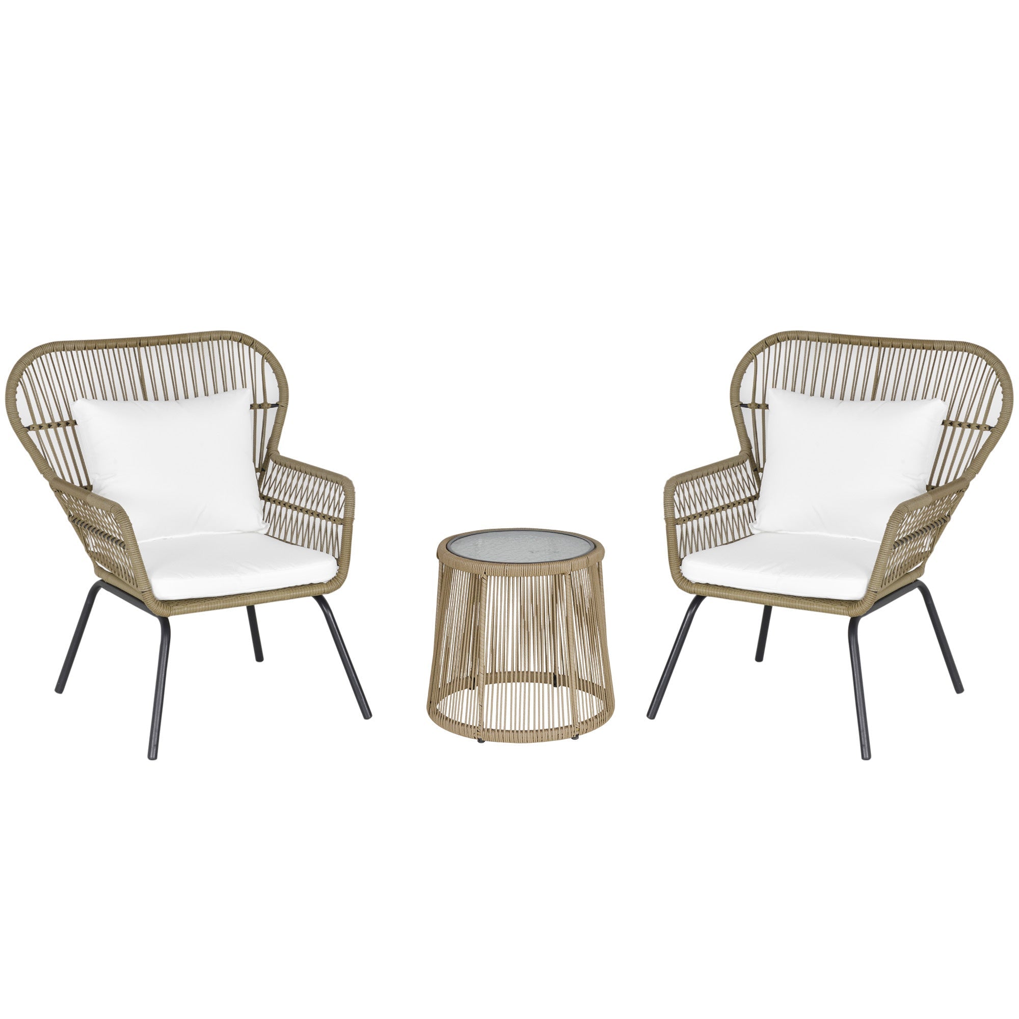 Outsunny 3 Pieces Outdoor Patio Bistro Set Wicker Rattan Furniture 2 Chairs 1 Coffee Table with Metal Legs for Garden Backyard Deck