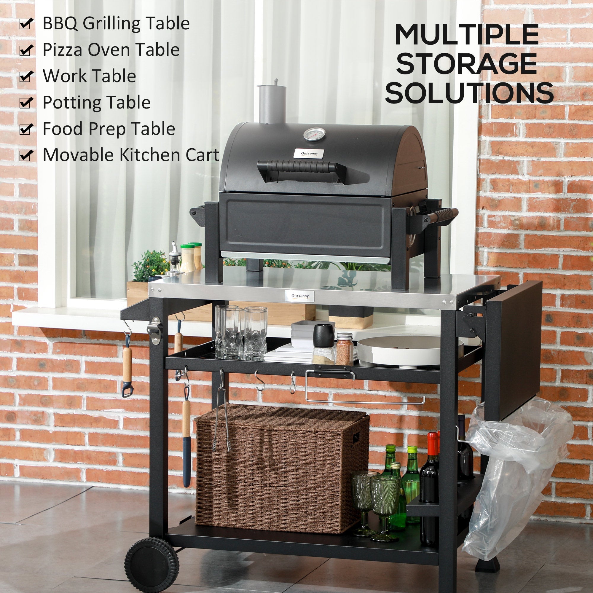 Outsunny Outdoor Grill Cart Table 3-Shelf, Foldable Side Table, Stainless Steel Top, Pizza Oven Stand, Mobile Kitchen Station