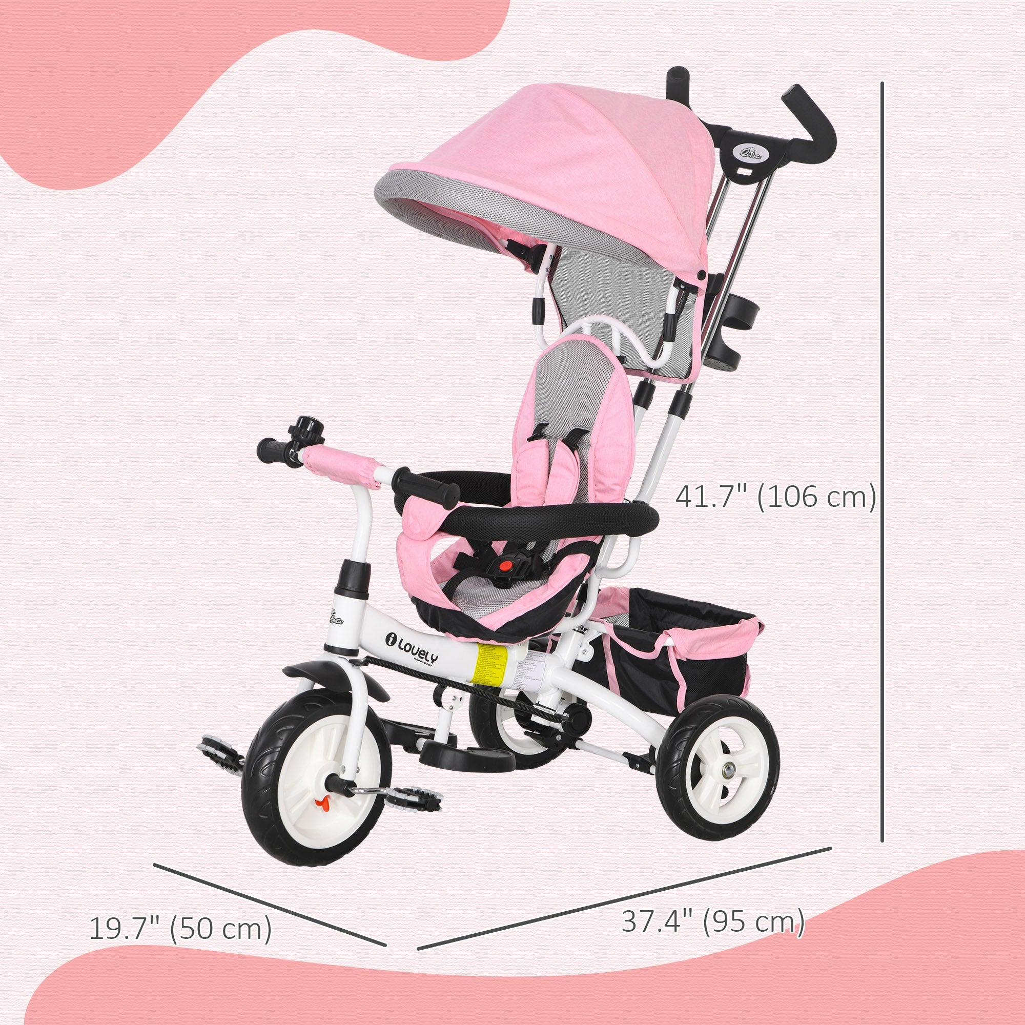 Qaba 4-in-1 Convertible Toddler Tricycle Stroller with Canopy Basket Safety Harness for Kids 12-60 Months Pink