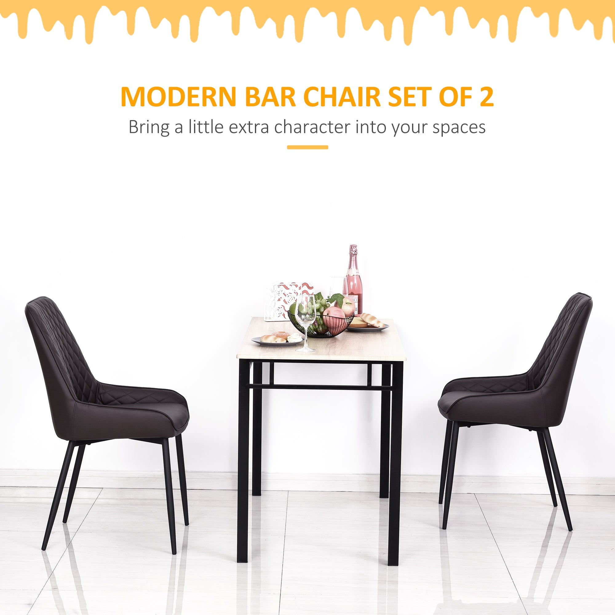 HOMCOM 2 Pack Mid Century Dining Chairs Brown PU Leather Padded Metal Legs Modern for Kitchen Home Office