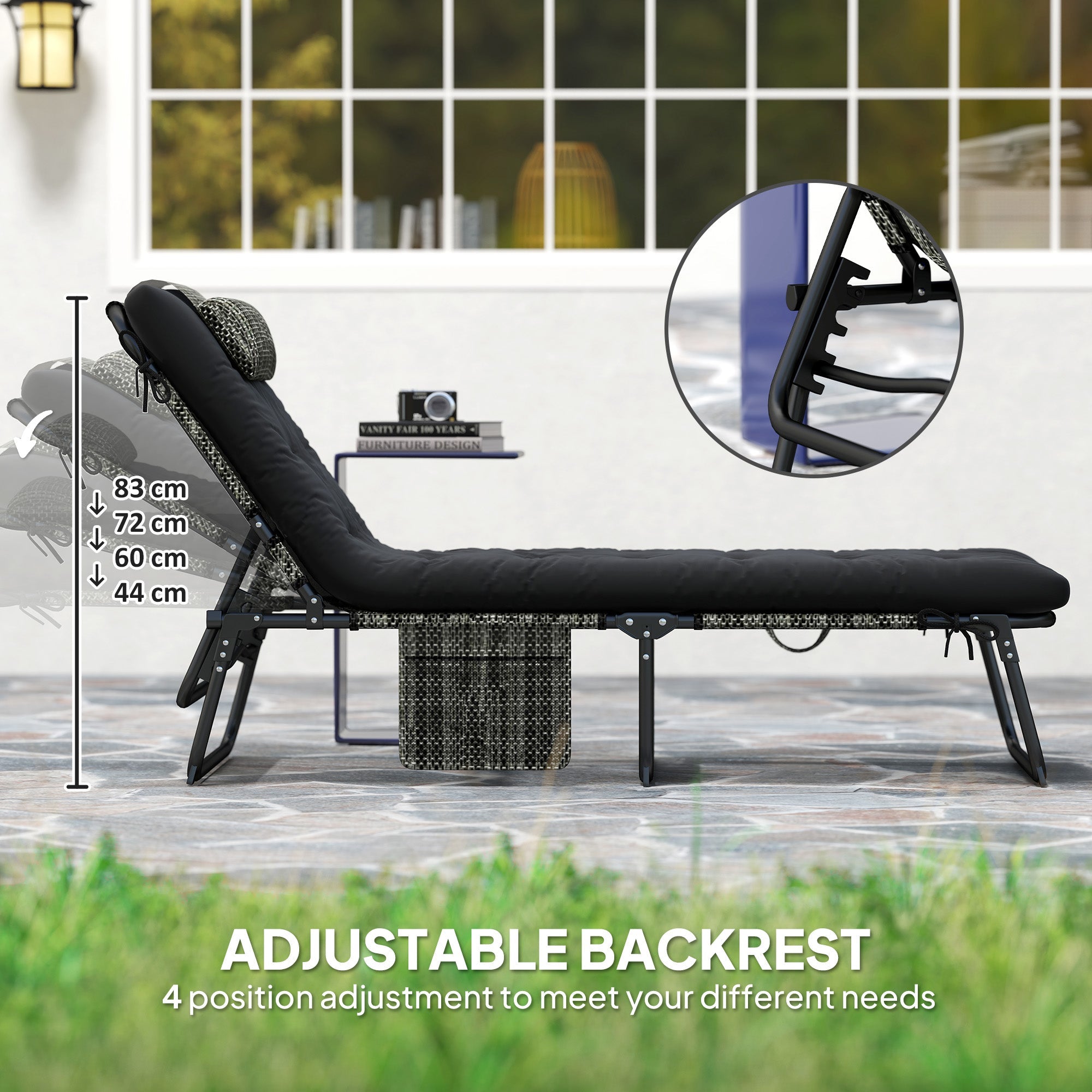 Outsunny Folding Lounge Chair with 4-level Reclining Back & Cushion, Black