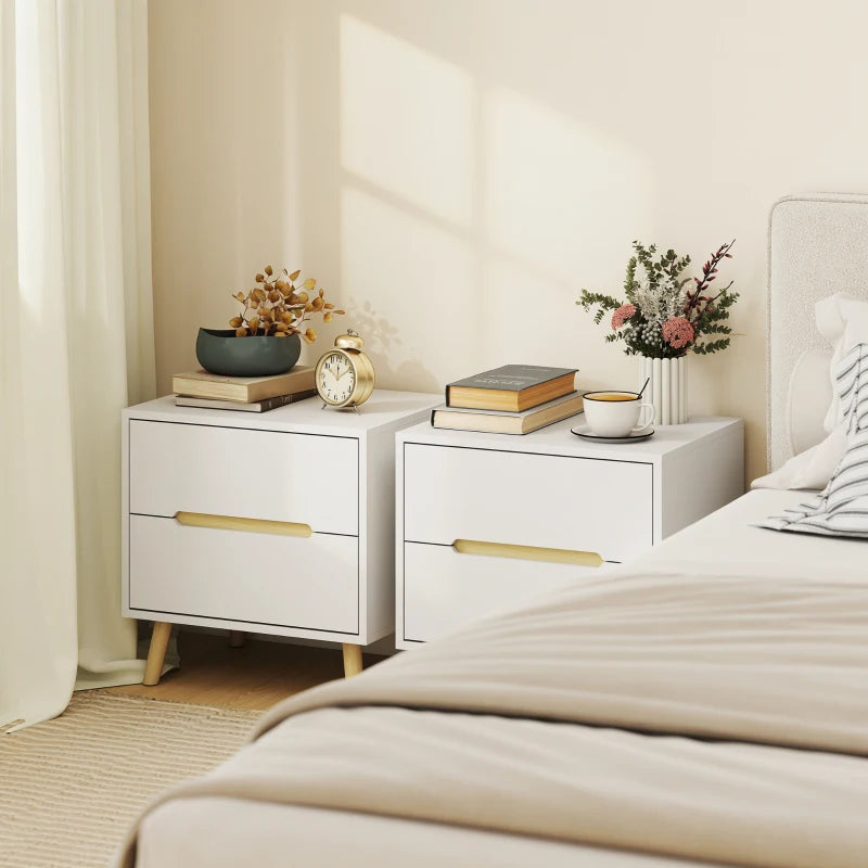 Nightstands Set of 2, Bedside Table with 2 Drawers, Modern Side End Table with Solid Wood Legs for Bedroom, White