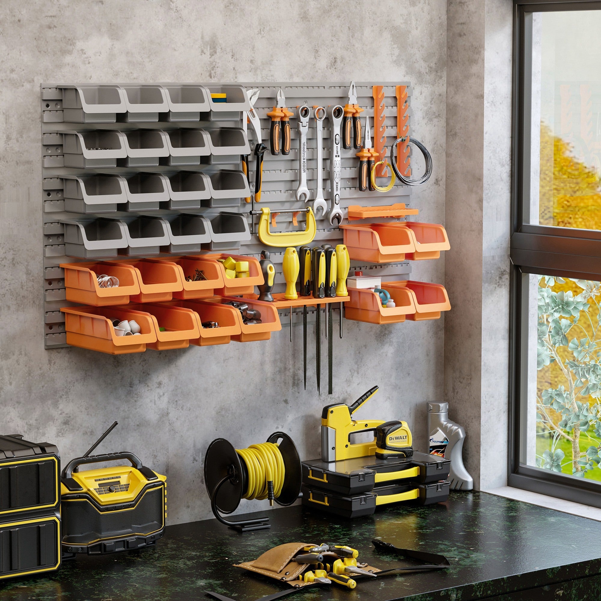 DURHAND Wall-Mounted Organization Marvel: 44PC Storage Rack with Bins, Pegboard Hooks, Organizer for Garage, Orange Finish