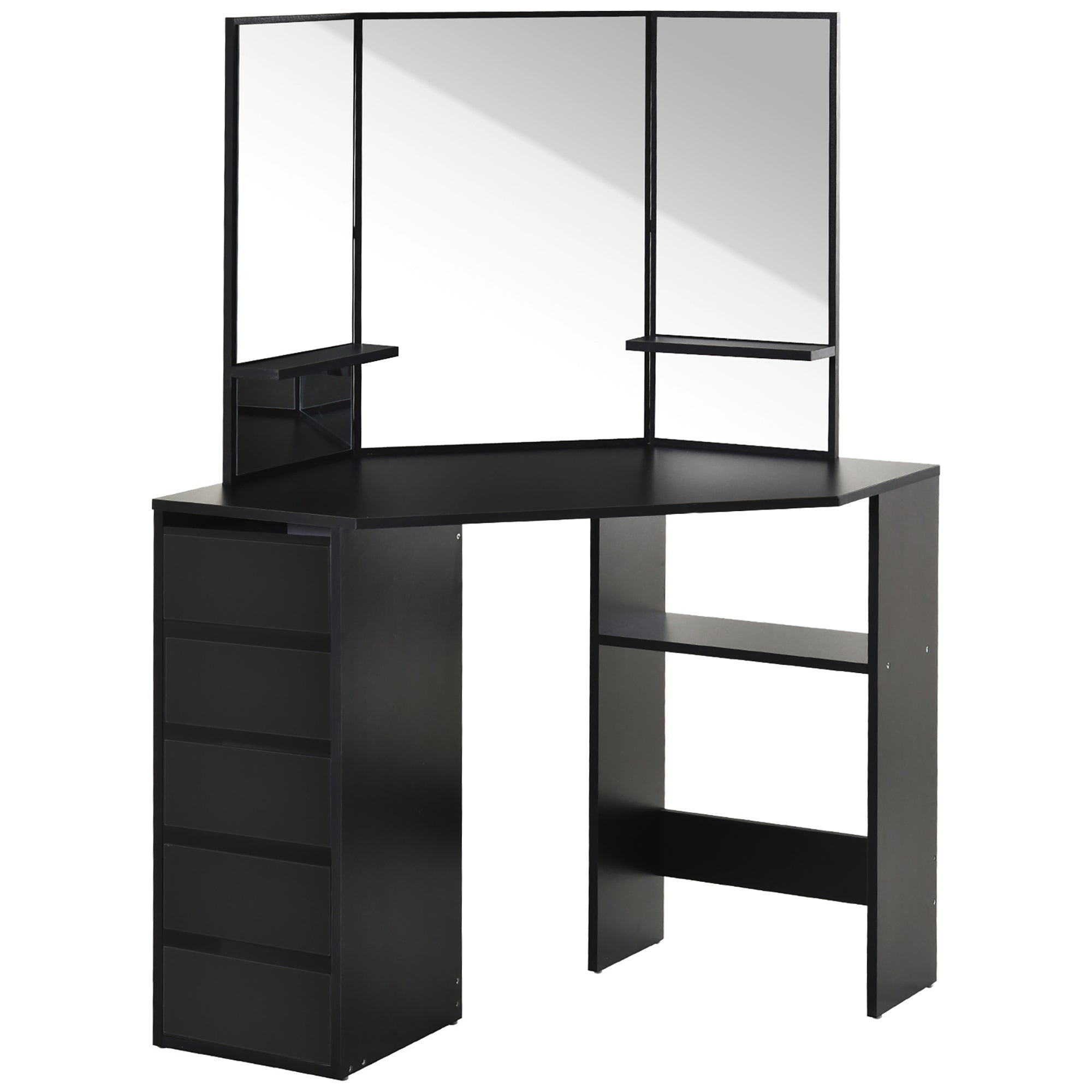 HOMCOM Corner Vanity Table Small Makeup Desk with Drawers and Mirror for Bedroom Black