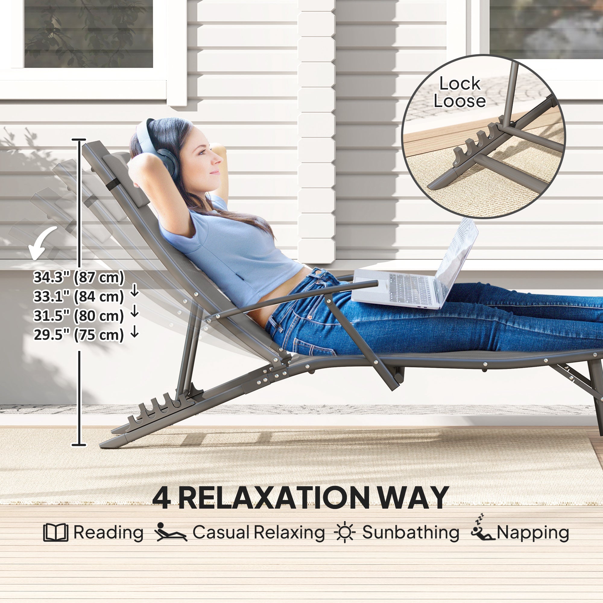 Outsunny Set of 2 Chaise Lounge Chairs, Folding Tanning Chair with Pillow, Outdoor Sun Lounger for Patio, Garden, Beach, Grey