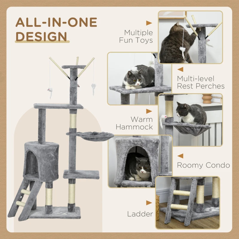 53" Cat Tree Tower, Kitten Activity Centre with Scratching Posts, Condo, Perches, Ladder, Hammock, Dangling Toys, Grey
