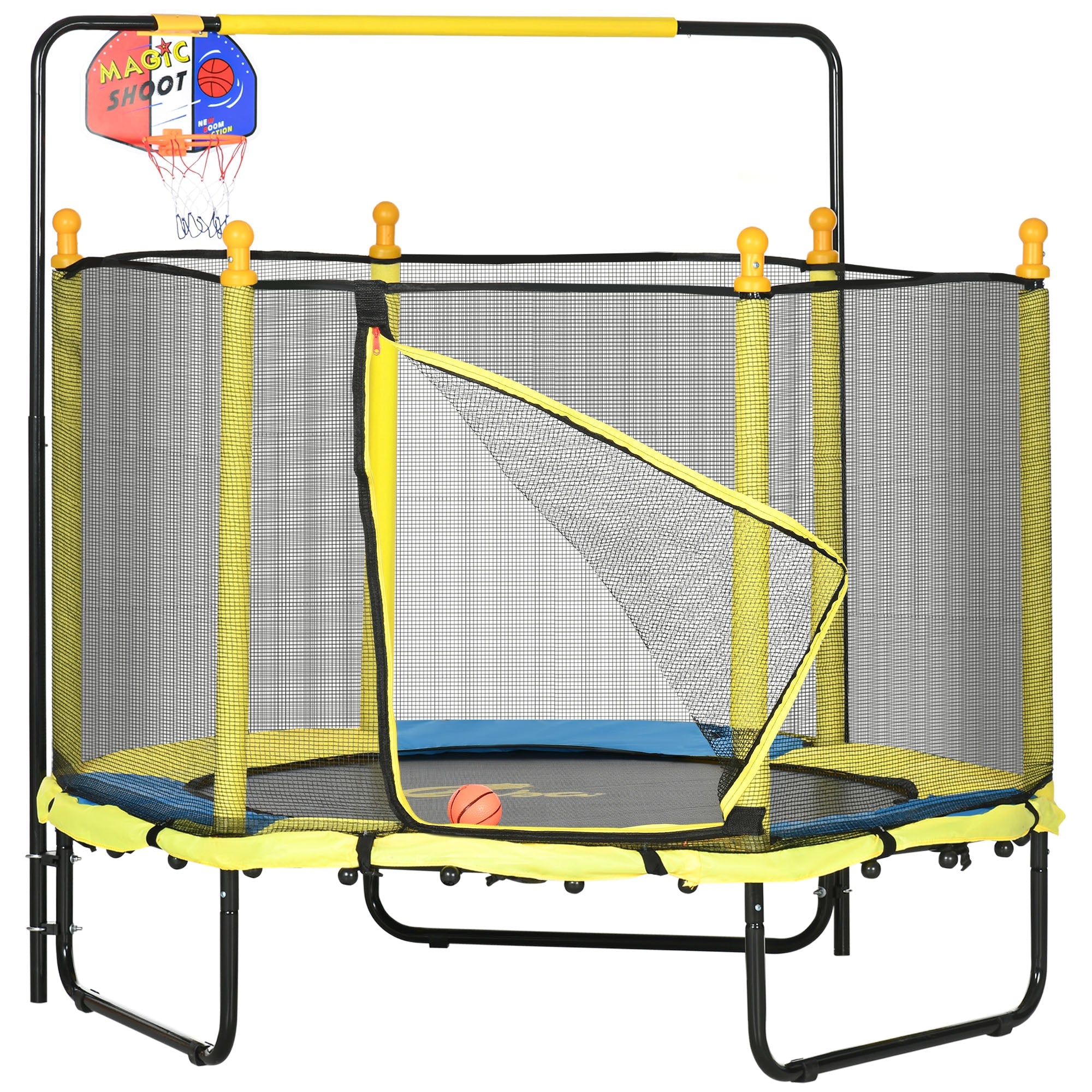 Qaba 4.6ft Kids Trampoline with Basketball Hoop, Horizontal Bar with Net for Children Ages 3-10, Yellow