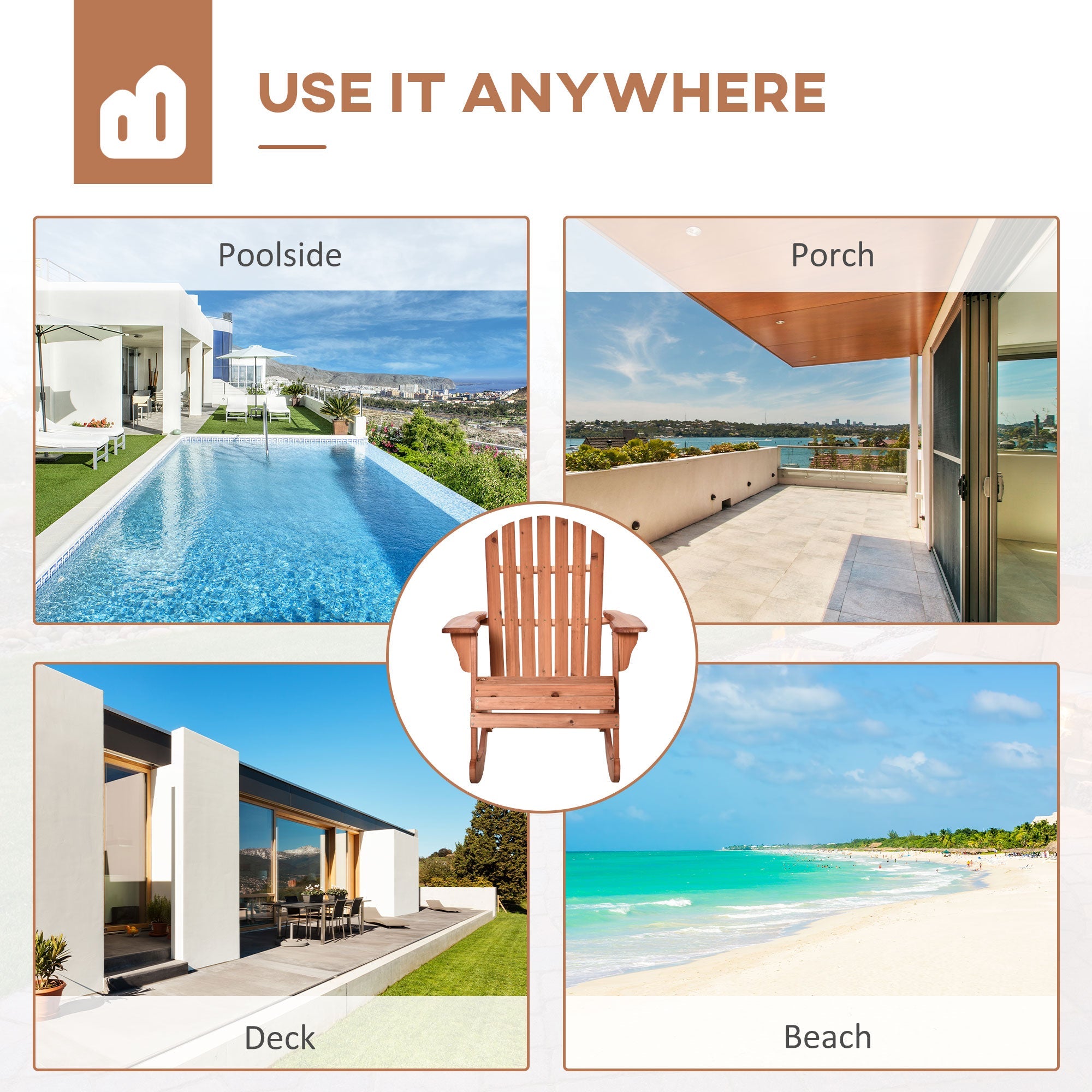 Outsunny Wooden Adirondack Rocking Chair with Slatted Wooden Design, Fanned Back, & Classic Rustic Style, Teak