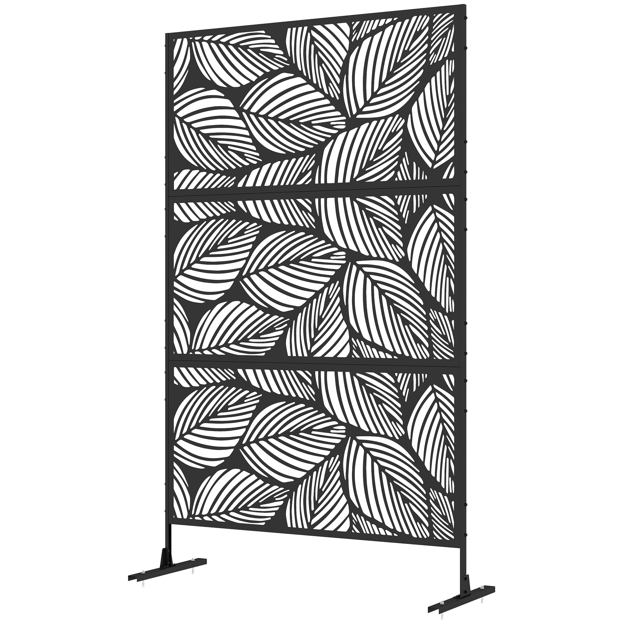 Outsunny 6.5FT Metal Privacy Screen, Decorative Outdoor Divider with Leaf Design, Black - Add Privacy & Style