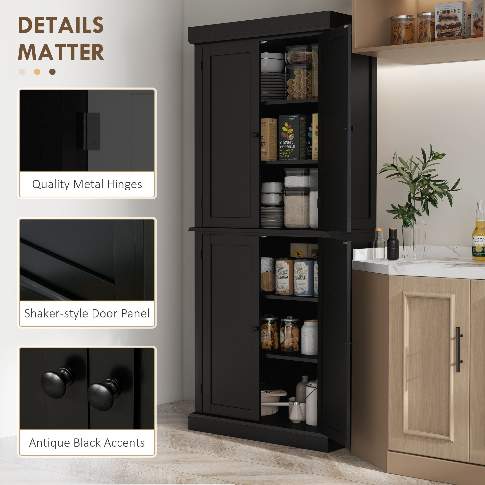 HOMCOM Black Modern Pantry Cabinet: Freestanding 4-Door Kitchen Storage Organizer with 6-Tier and 4 Adjustable Shelves