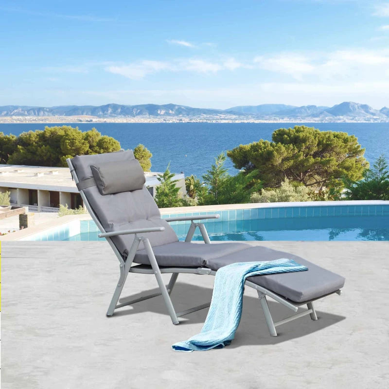 Outdoor Folding Chaise Lounge Chair Recliner with Portable Design, Adjustable Backrest, Cushion and Headrest, Grey