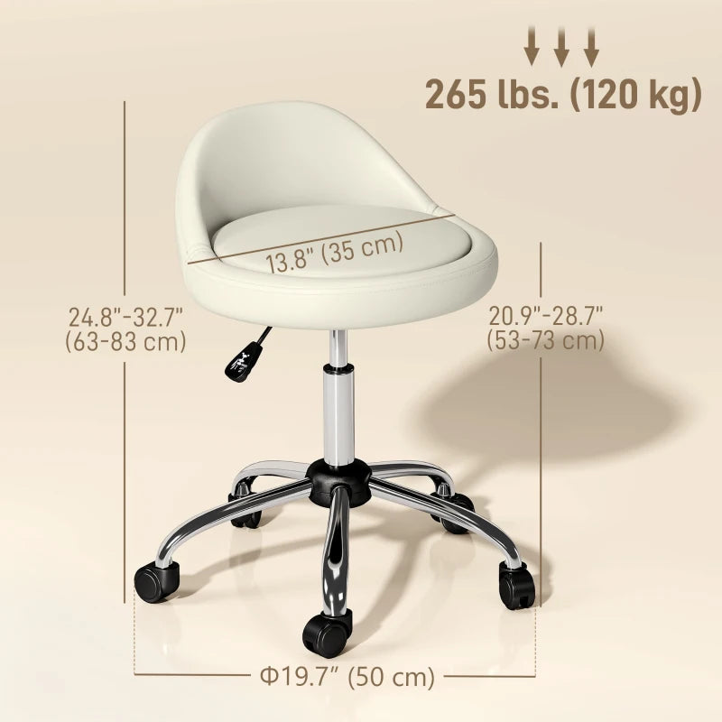 Salon Stool, Adjustable Rolling Stool, White