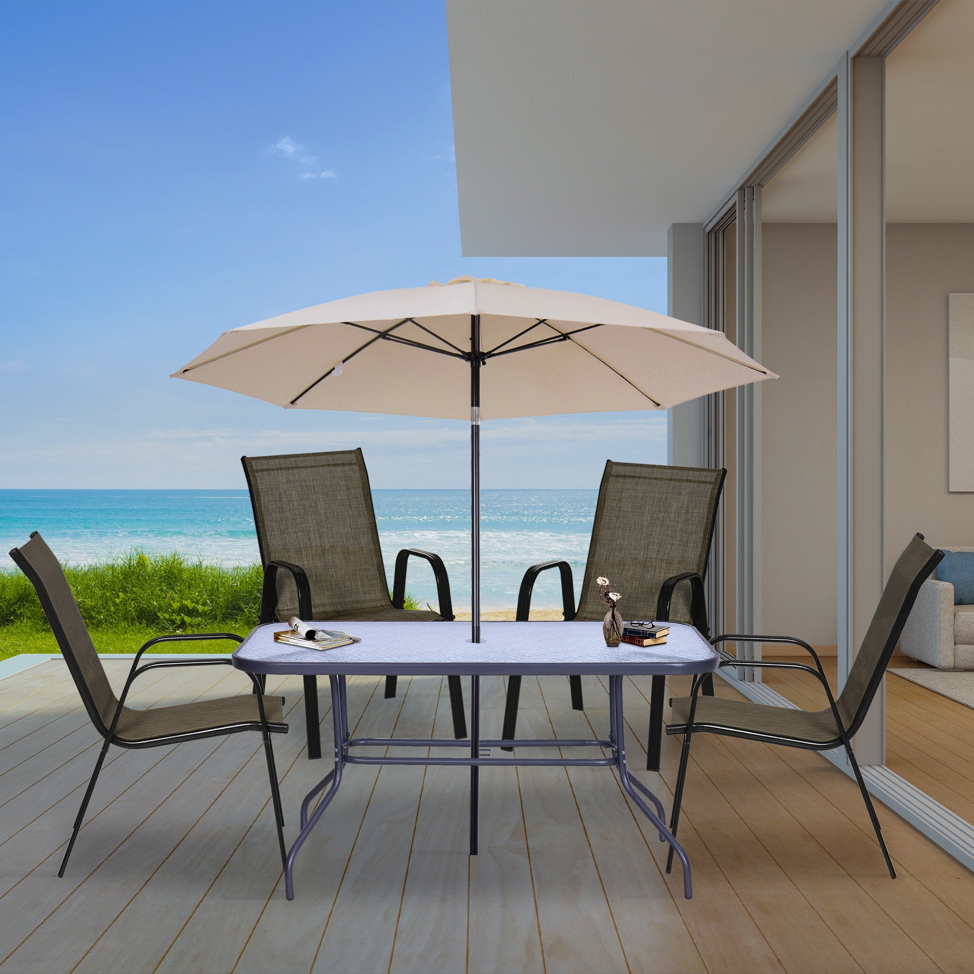 Outsunny Set of 4 Outdoor Dining Chairs, Heavy Duty Stackable Patio Dining Set with Armrests for Balcony Garden, Brown and Black