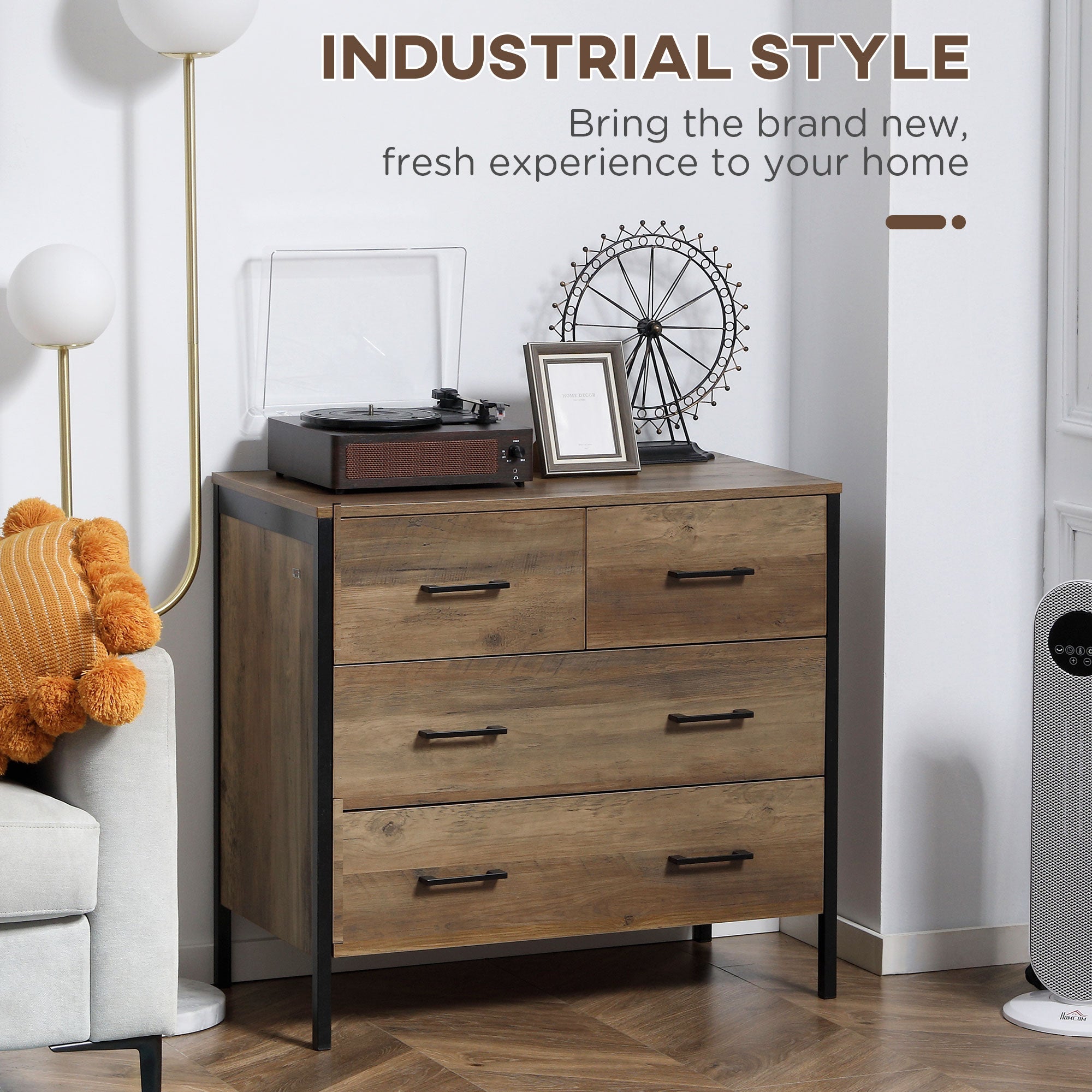HOMCOM Rustic 4 Drawer Dresser with Metal Frame Handles Chest of Drawers for Living Room Bedroom Storage Brown