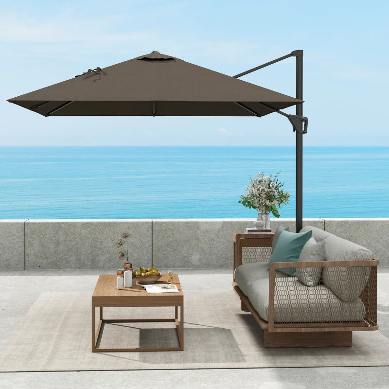 8'x8' Square Patio Hanging Offset Umbrella, Outdoor Cantilever Parasol w/ Cross Base, Tan