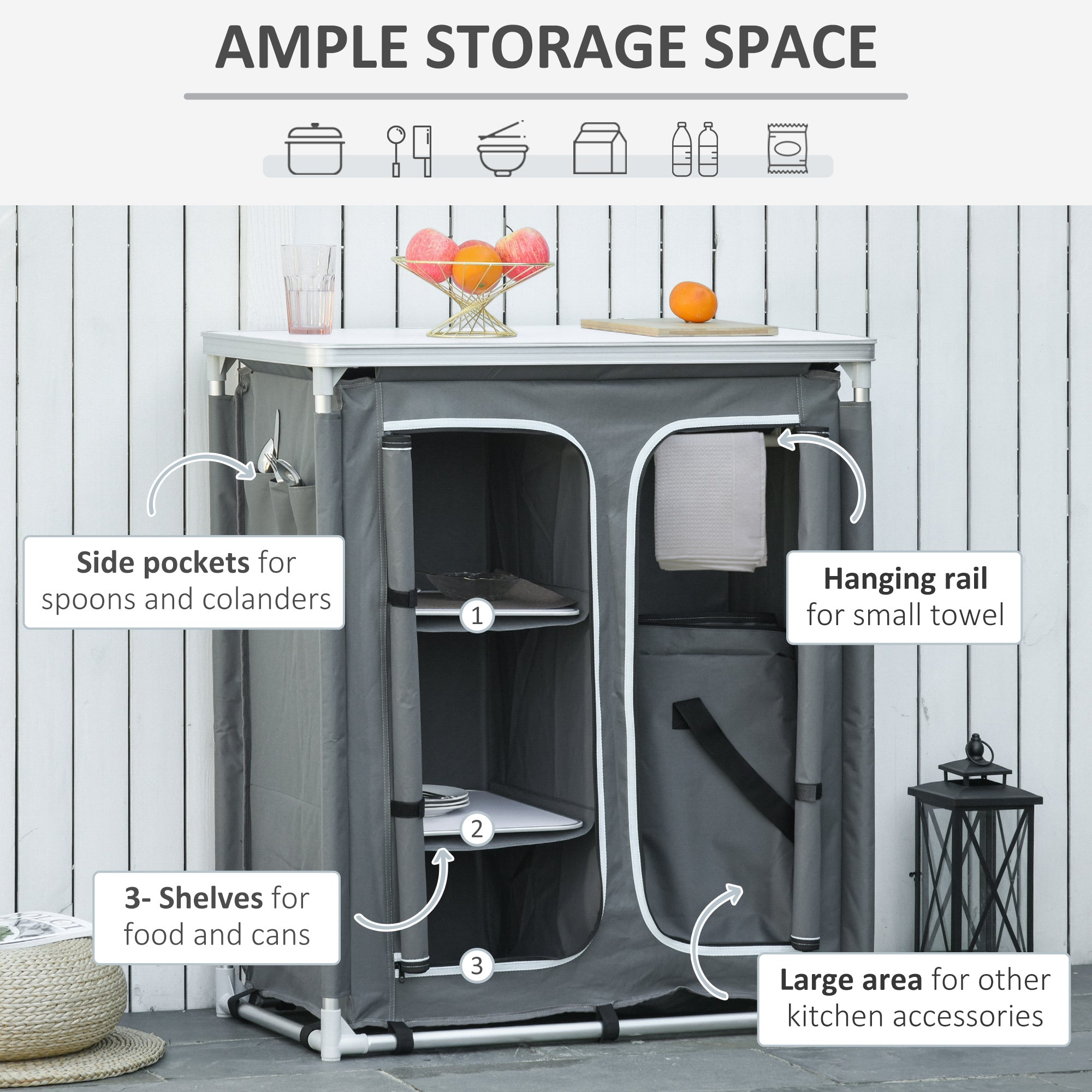 Outsunny Portable Camping Kitchen Table Aluminum BBQ Station with Storage Organizer 3-Shelf Cupboard for Outdoor Party Picnic Grey