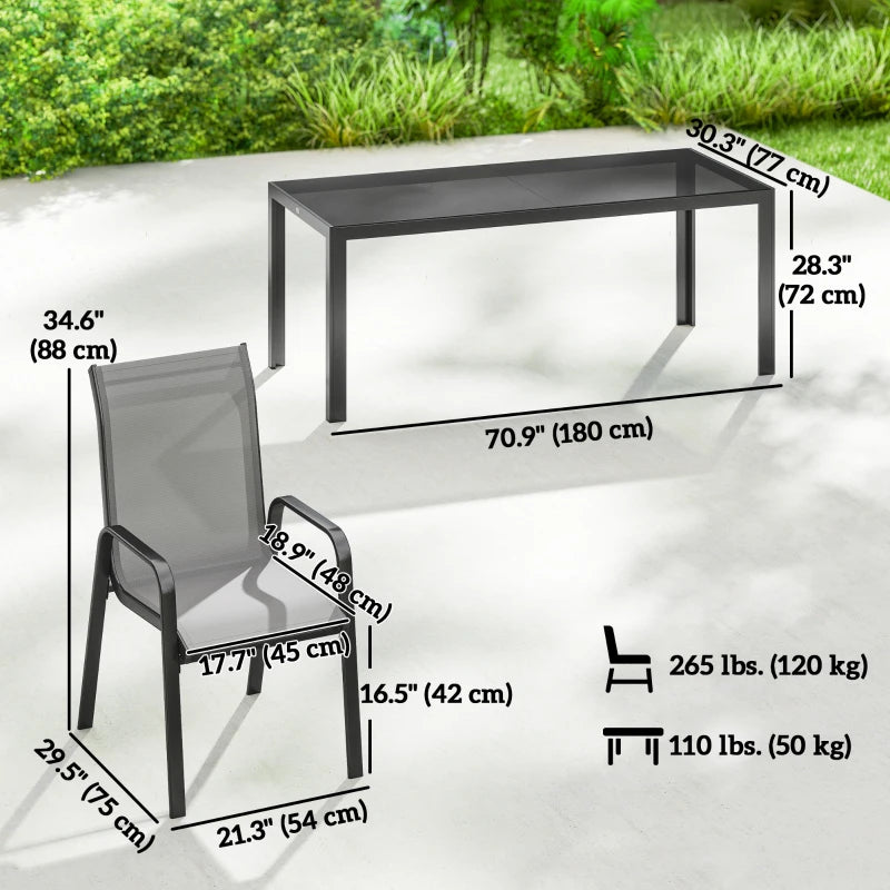 9 Pieces Patio Set with Stackable Chairs, Patio Dining Set with Glass Top for Garden, Patio, Backyard, Light Grey