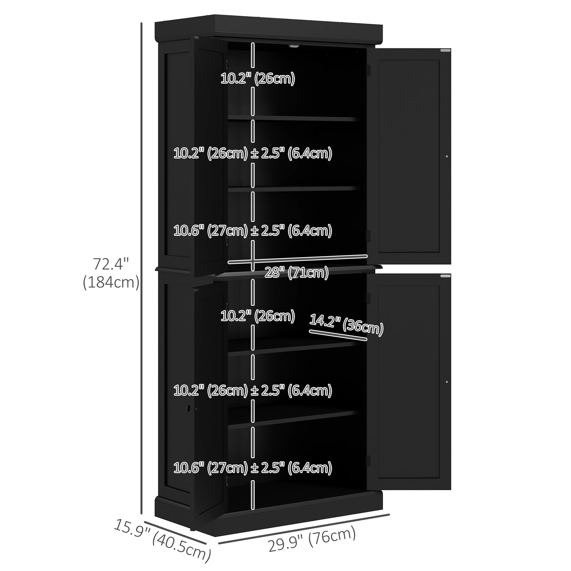 HOMCOM Black Modern Pantry Cabinet: Freestanding 4-Door Kitchen Storage Organizer with 6-Tier and 4 Adjustable Shelves