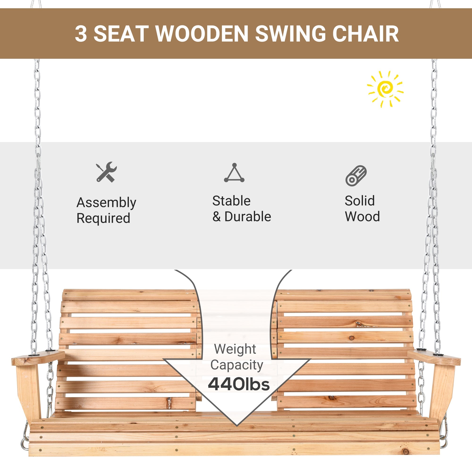 Outsunny 3-Seater Patio Swing Chair with Foldable Table & Cup Holders, Durable Wood Porch Swing, Steel Chains, Natural Finish