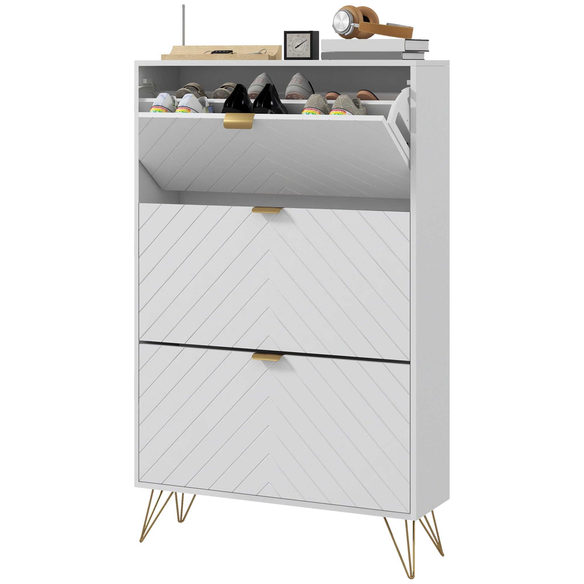 HOMCOM Shoe Sanctuary: Modern White Cabinet with 3 Flip Drawers, 8 Vents, Narrow Design for 18 Pairs, Entryway Organizer