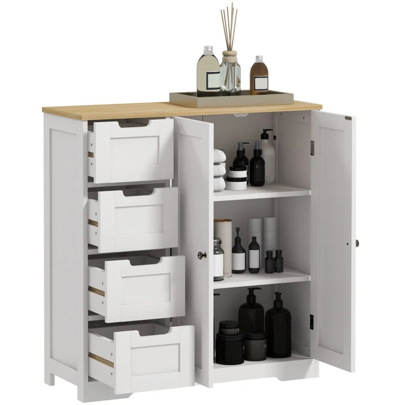 Freestanding Bathroom Floor Cabinet, Modern Bathroom Cabinet with Adjustable Shelf, 4 Drawers and 2 Doors, White