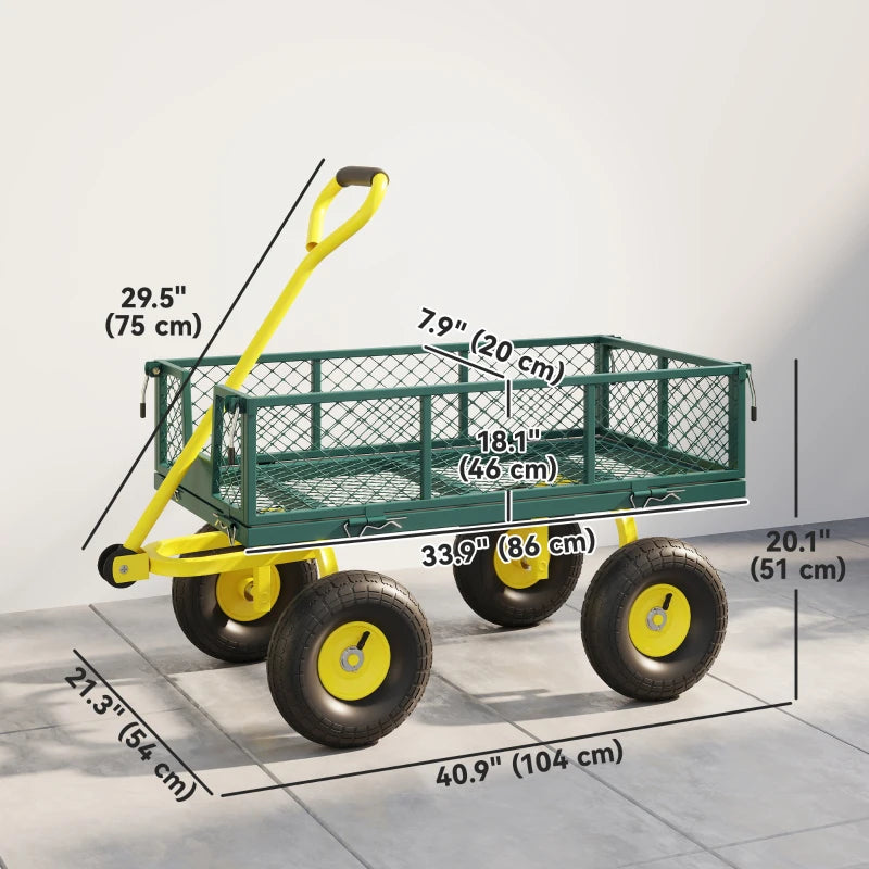Garden Cart, Utility Wagon Cart with Removable Sides, Convert into Flatbed, 10" Wheels, 180° Rotating Handle, Green