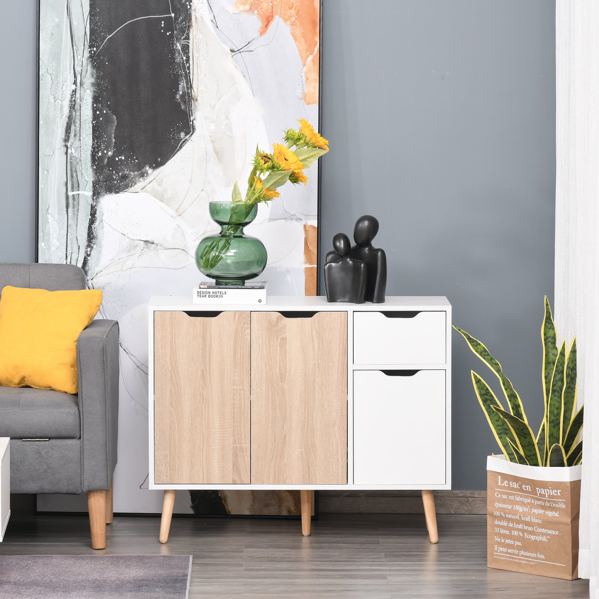 HOMCOM Kitchen Bar Cart White Natural Wood Top Wine Rack Drawers Trays Mobile Storage Island Furniture