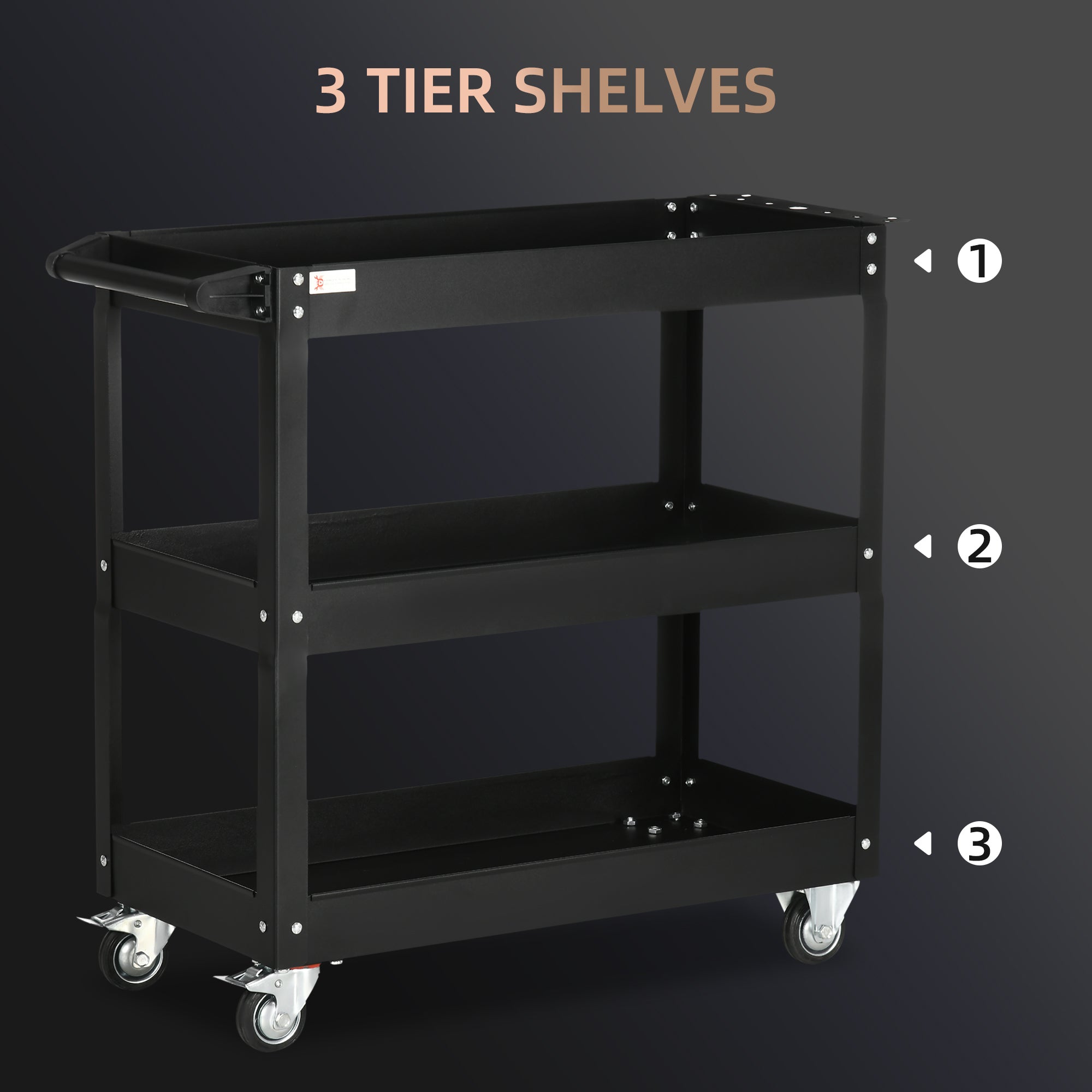 DURHAND 3 Tier Tool Cart Rolling with Wheels 330 LBS Heavy Duty Utility Steel Service Cart for Garage Black