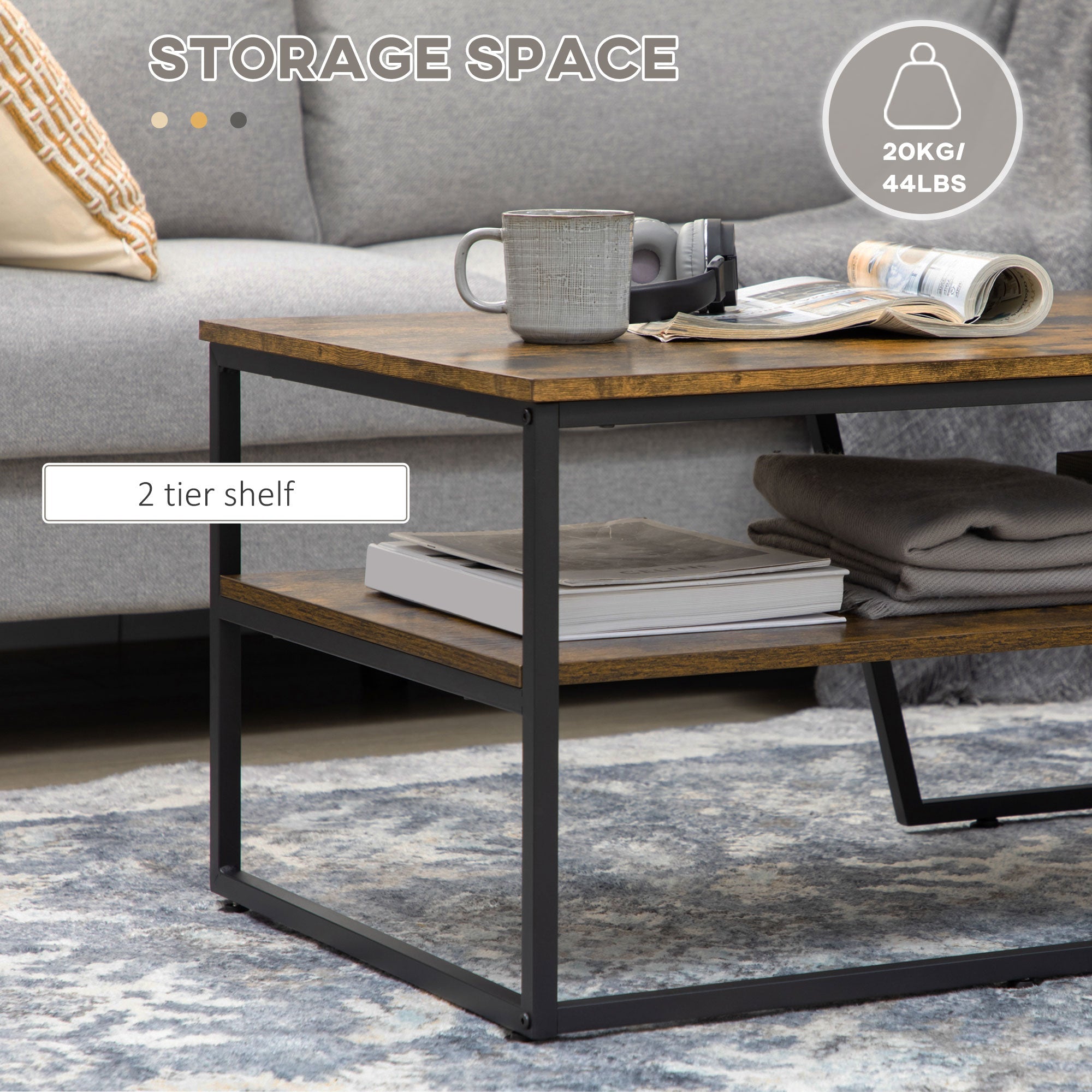 HOMCOM Rustic Brown Coffee Table with Shelf: Center Table with Steel Frame, Adjustable Foot Pads for Living Room