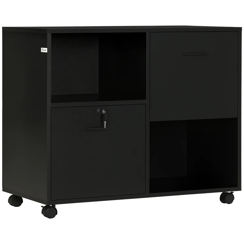 Mobile Printer Stand, Lateral File Cabinet with Lock, Filing Cabinet with Hanging Bars for Letter, A4 Size, Black