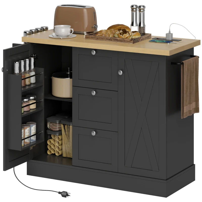 Farmhouse Kitchen Island Cart with Power Outlet and Soft-Close Doors, 49" Kitchen Island with 3 Drawers, Black