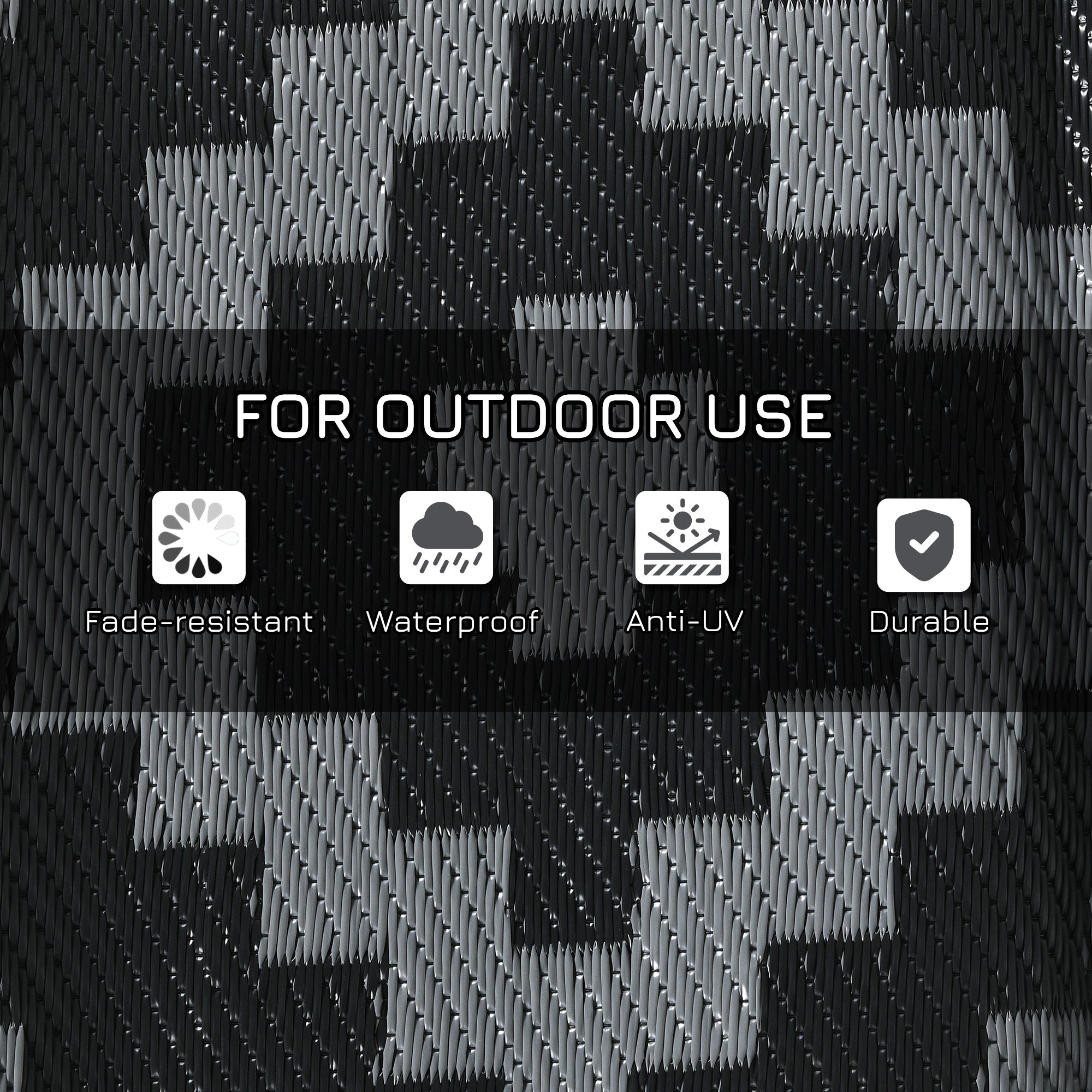 Outsunny 8x10ft Black Grey Geometric Reversible Outdoor Rug Waterproof Plastic Straw with Carry Bag