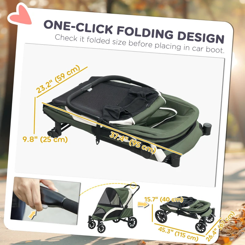 Foldable Pet Stroller for Large Dogs with Four Big Wheels, Shock-Absorbing Frame, Safety Leashes, Brakes, Dark Green
