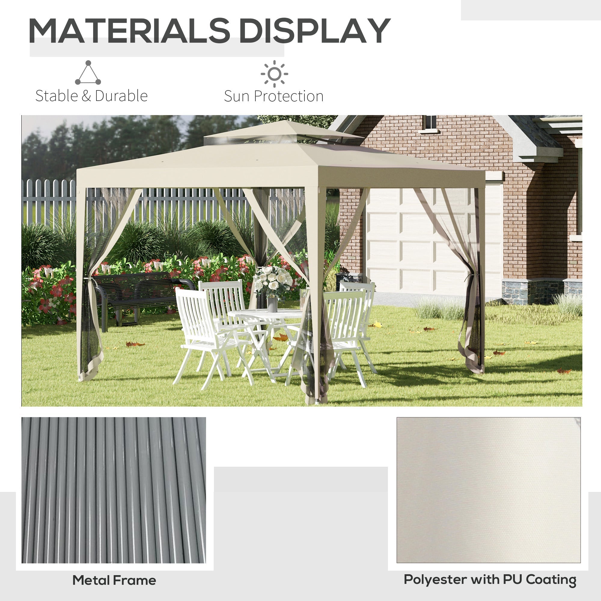 Outsunny Canopy Tent 10'x10' Party Tent with Mesh Netting Double Tier Roof Backyard Garden Patio Outdoor Beige
