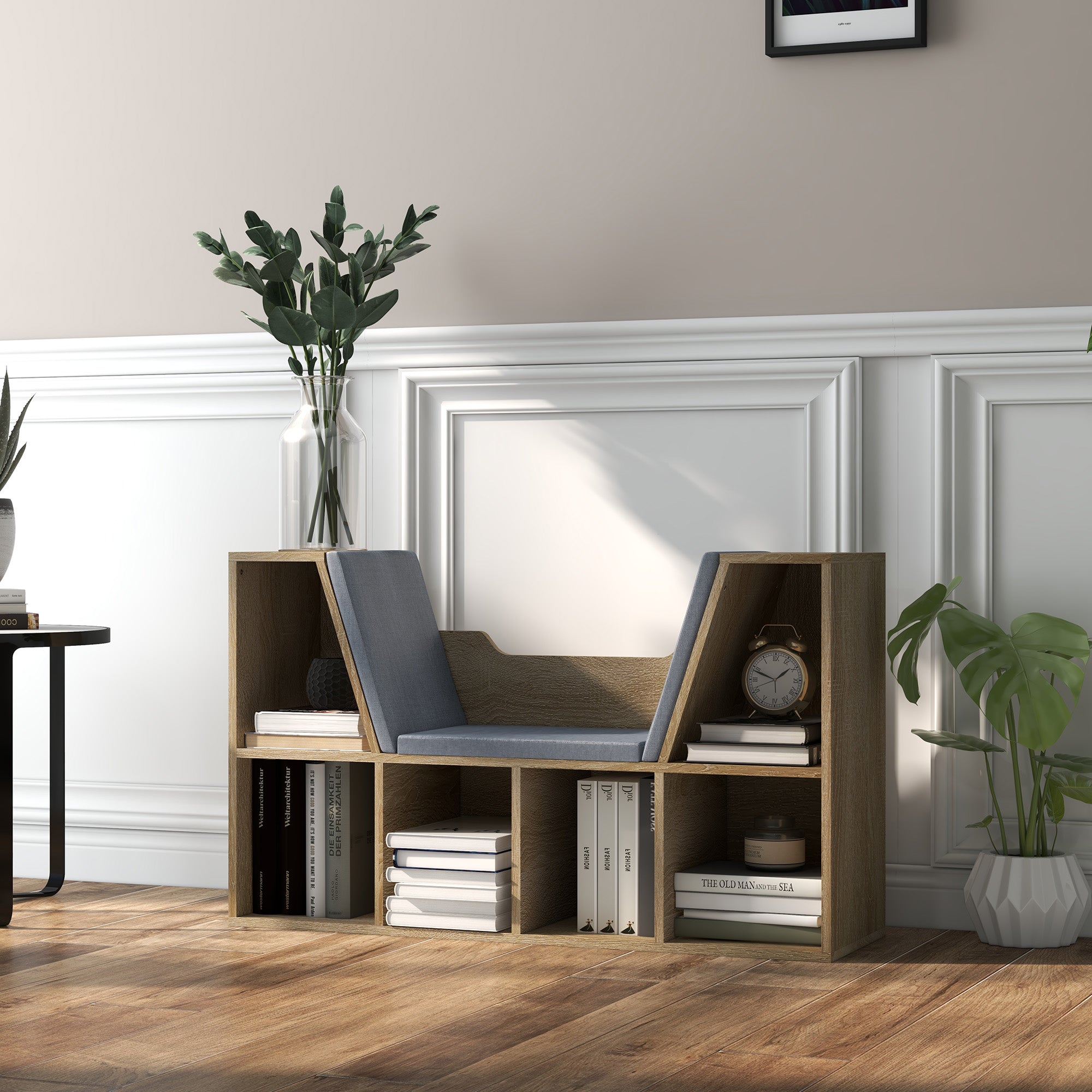 HOMCOM 6-Cubby Bookcase with Seat Cushion, Cube Storage Shelf with Reading Nook for Home Office, Study, Oak