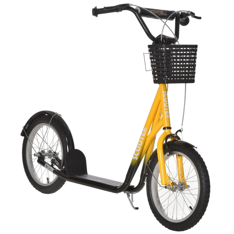 Aosom Kick Scooter with Adjustable Handlebar, Kids Scooter with 2 Brakes Basket Cupholder 16" Inflatable Rubber Tyres Orange
