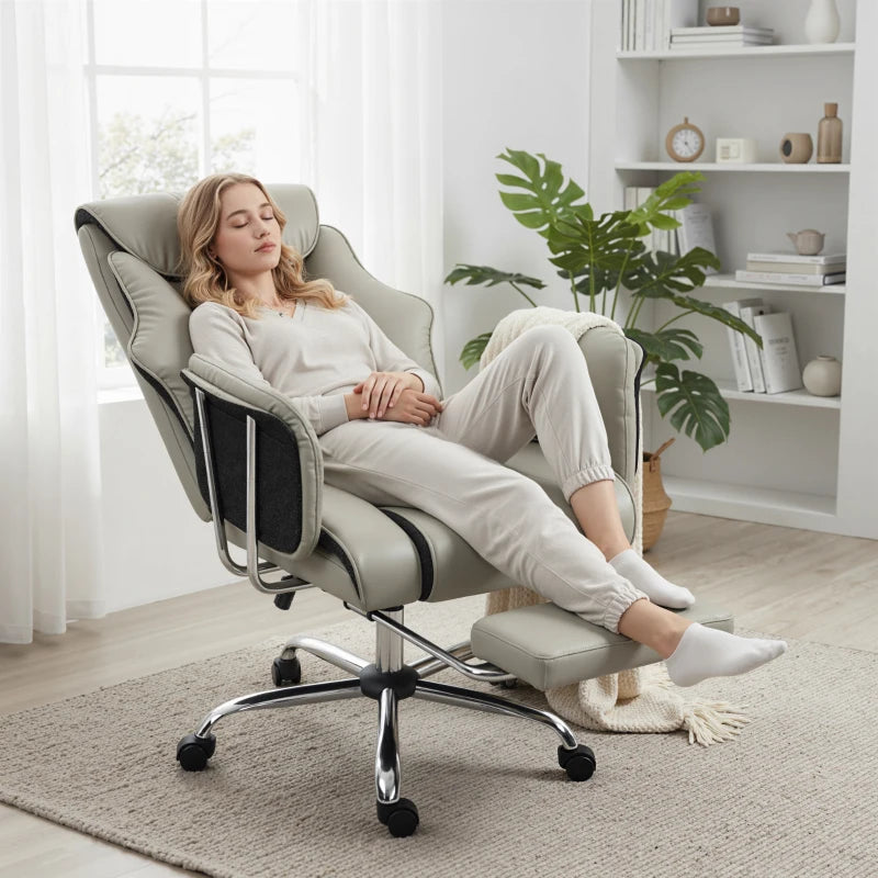 Reclining Office Chair, Overstuffed Executive Desk Chair with High Back, PU Leather, Footrest, Swivel Wheels, Grey