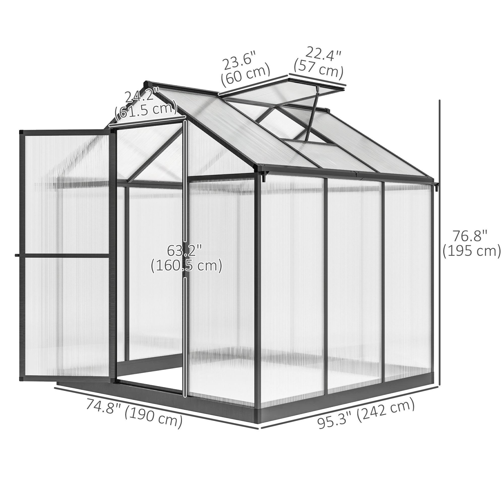 Outsunny 8' x 6' x 6.4' Walk-in Garden Greenhouse Polycarbonate Panels Plants Flower Growth Shed Cold Frame Outdoor Portable Warm House Aluminum Frame, Charcoal Grey