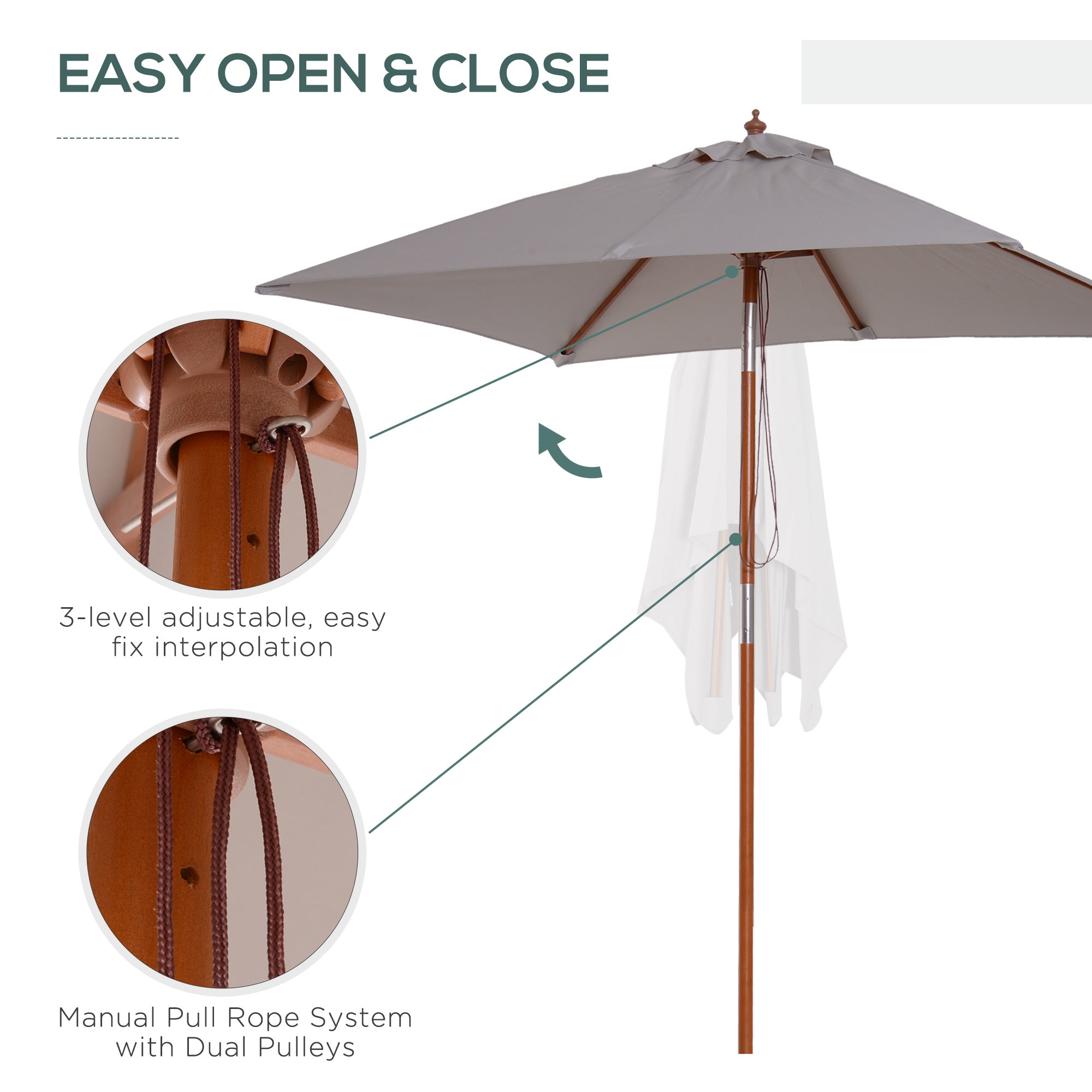 Outsunny Square Fir Wood Patio Umbrella: 6.6x5ft Tilt Mechanism with 6 Ribs Sunshade, Grey